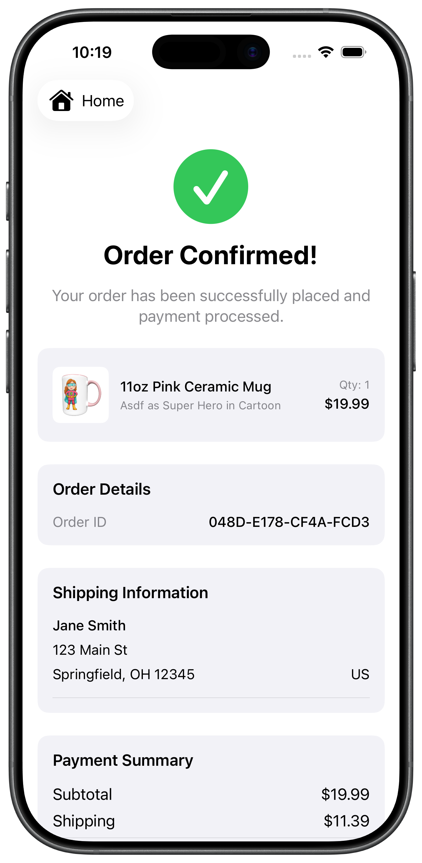 Order confirmation screen after printing on a product