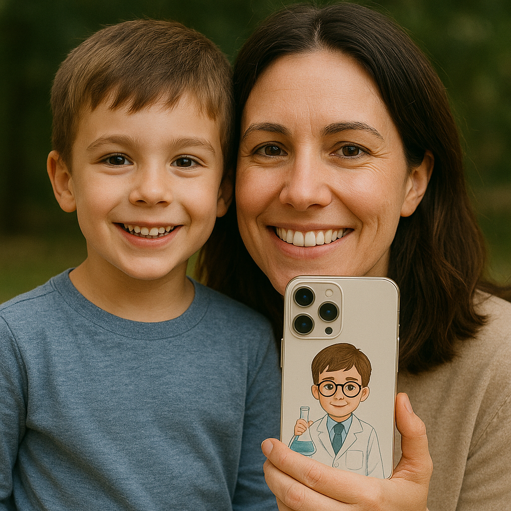 Phone case with illustrated kid scientist